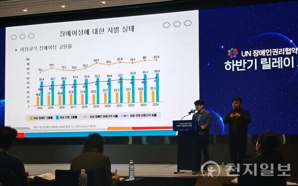 [천지일보=배서윤 기자] 한국장애인개발원이 14일 서울 여의도 글래드 호텔에서 ‘2025년 하반기 UN 장애인권리협약 협력단 릴레이 포럼’을 개최하고 있다. 2부 순서의 발표를 맡은 김동식 한국여성정책연구원 본부장이 여성장애인의 권리와 현실적인 문제에 대해 설명하고 있다. ⓒ천지일보 2025.11.14.
