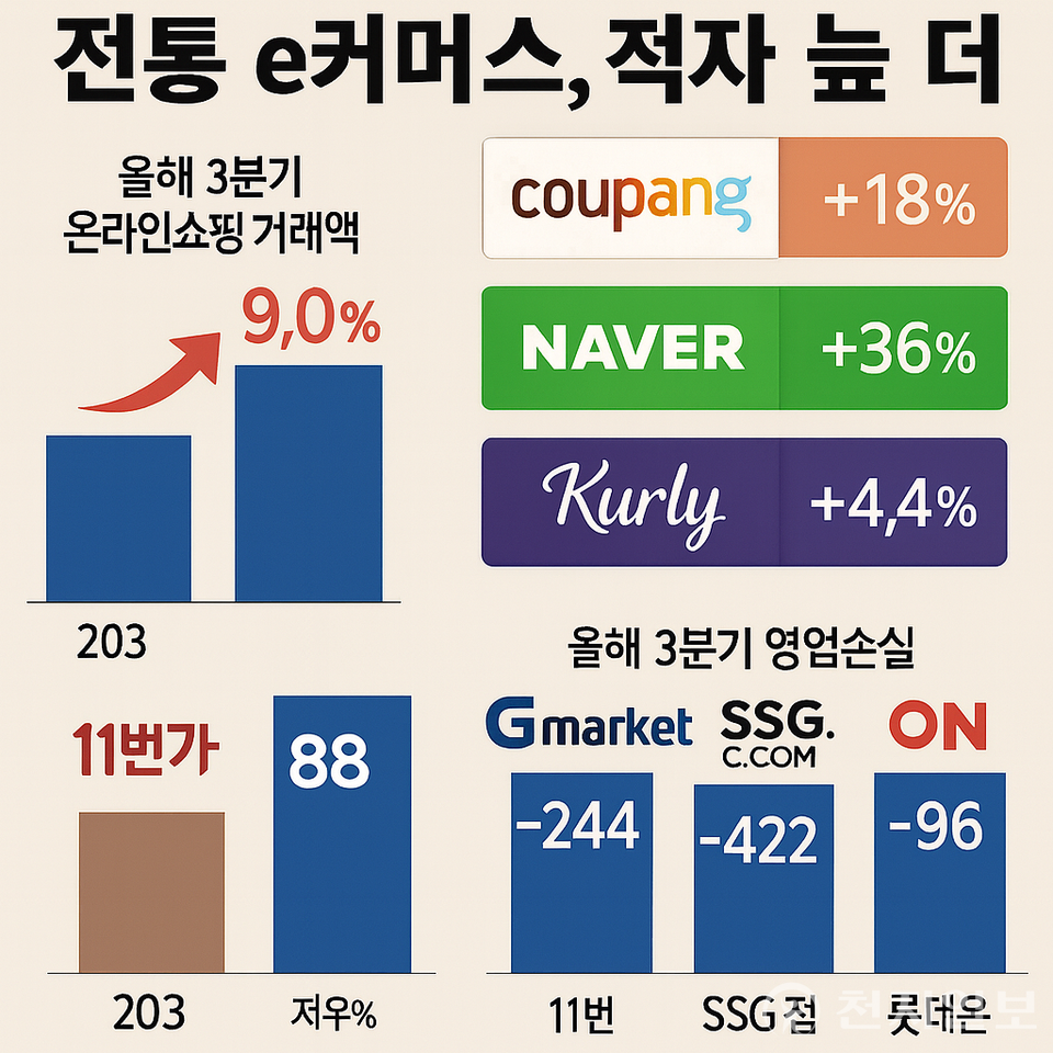 3분기 온라인쇼핑 거래액이 69조2799억원으로 역대 최대치를 기록했지만, 11번가·G마켓·SSG닷컴·롯데온 등 이커머스 4사는 영업손실이 25% 확대됐다. 온라인 시장 성장과 전통 e커머스의 실적 부진이 동시에 나타나며 양극화가 심화되고 있다. (출처: 챗GPT)