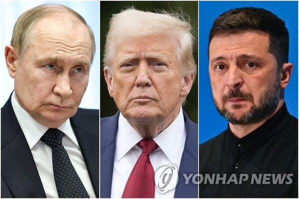 미국 백악관은 오는 15일(현지시간) 미 알래스카주에서 열리는 미·러 정상회담이 우크라이나 참여 없이 도널드 트럼프 미국 대통령과 블라디미르 푸틴 러시아 대통령 간의 양자 회담으로 진행될 것이라고 재확인했다. 사진은 푸틴·트럼프·젤렌스키(출처: 로이터·AP·AF 통신, 연합뉴스)