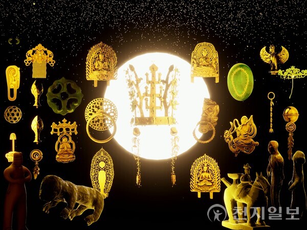 세계적 미디어아티스트 이이남(Lee Lee Nam) 작가는 빛과 영상으로 보이지 않는 세계를 그려내며 독창적인 예술 세계를 구축해왔다. 그는 “예술은 보이지 않는 것을 보이게 하는 일”이라며 시간과 기억, 존재의 흔적을 화면 위에 불러낸다. 특히 APEC 2025 정상회의 환영 만찬에 초청돼 한국 문화예술의 위상을 세계에 알렸다. 사진은 이이남 작가 작품 천년의 문- 신라의 꿈을 지나. (제공: 이이남 스튜디오) ⓒ천지일보 2025.11.20.