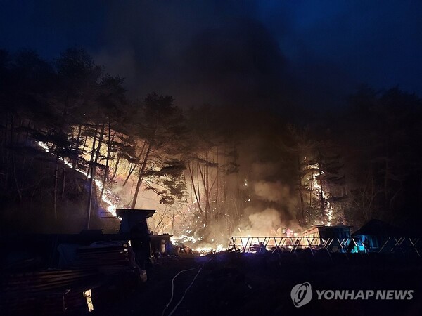(인제=연합뉴스) 20일 오후 5시 23분께 강원 인제군 기린면 한 야산에서 산불이 발생해 산림·소방 당국 등이 진화 작업 중이다. 2025.11.20