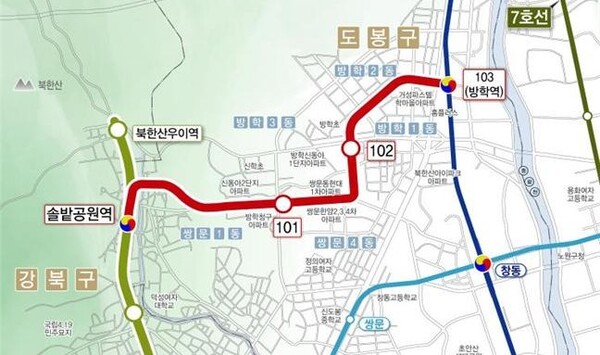 서울시가 24일 우이신설 연장선 공사를 시작하며, 강북권 교통망 확충과 지역 균형발전에 속도를 낼 계획이다. 자료는 같은 사업 노선도. (제공: 서울시)