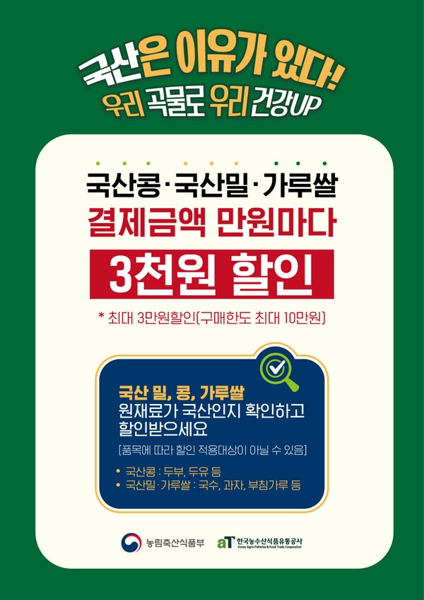 한국농수산식품유통공사(aT)가 농림축산식품부와 국산 밀·콩·가루쌀 소비 촉진을 위해 최대 3만원까지 구매 금액을 지원하는 대규모 판촉 행사에 나섰다. 사진은 ‘전략작물 유통매장 소비판촉 행사’ 홍보 포스터. (제공: aT)