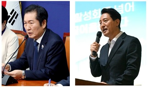 정청래 더불어민주당 대표(왼쪽)가 오세훈 시장(오른쪽) 의 주요 시책을 비판하며 견제에 나선 가운데, 오 시장은 “서울의 미래도, 시민의 삶도 지키겠습니다”라는 한 줄로 입장을 밝혔다. (제공: 서울시, ⓒ천지일보 2025.11.24.)