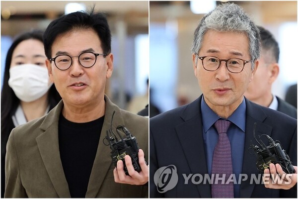오세훈 서울시장의 여론조사 비용 대납 의혹과 관련해 강철원 전 서울시 정무부시장(왼쪽)과 사업가 김한정 씨가 25일 서울 광화문 KT빌딩에 마련된 김건희특검 사무실에 피의자 신분으로 출석하고 있다. (출처: 연합뉴스)