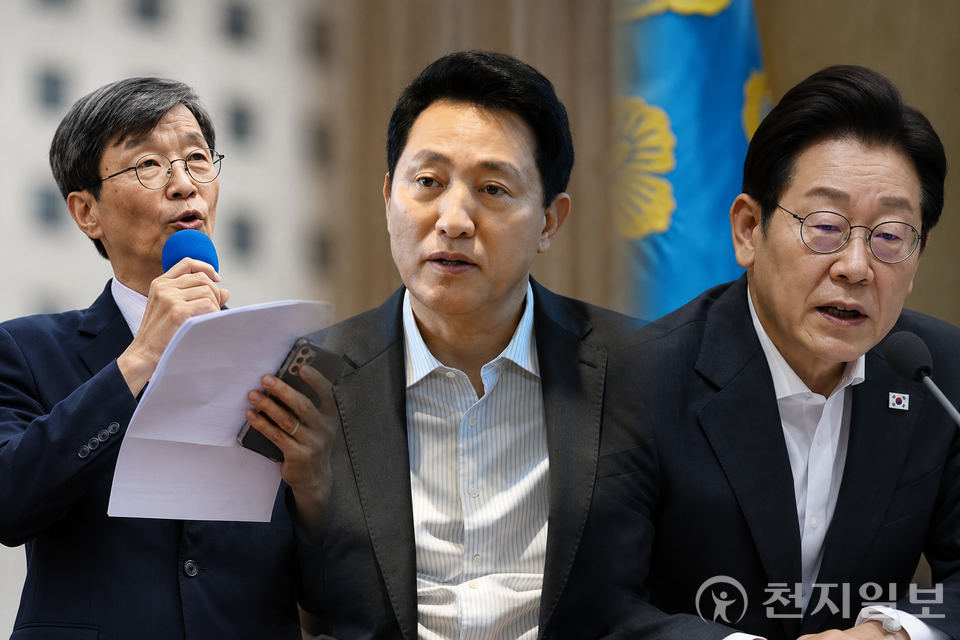 사법이 정치를 대신해서는 안 된다. 정치적 이익과 정황만으로 형사책임을 추정하는 순간, 오늘의 판결은 내일 모든 정치인을 겨누는 칼날이 된다. 사진은 AI 일러스트를 활용해 편집 제작됐다. 좌부터 곽노현 전 서울시교육감, 오세훈 서울시장, 이재명 대통령. ⓒ천지일보 2026.07.25.